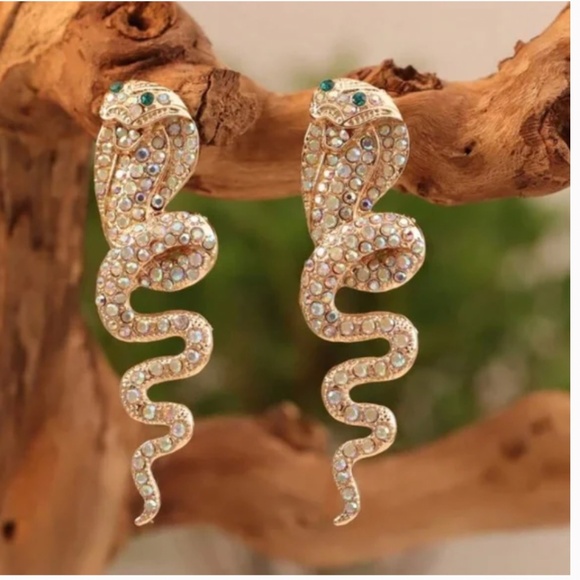 ❤️ FREE Snake Rattlesnake Rhinestone Hipster Glam Chic Drop Classy Artsy Earring - Picture 1 of 3